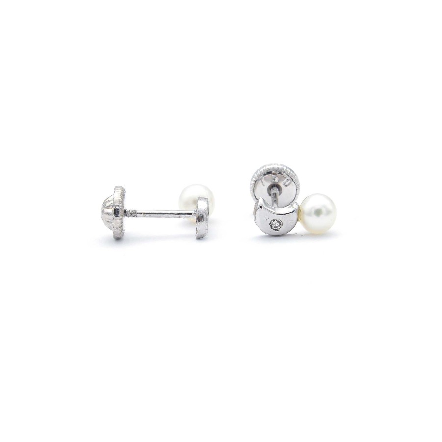 Diamantes Joyeria Luis Luna | Pendientes Moon Perla Diamantes Oro Blanco 18K