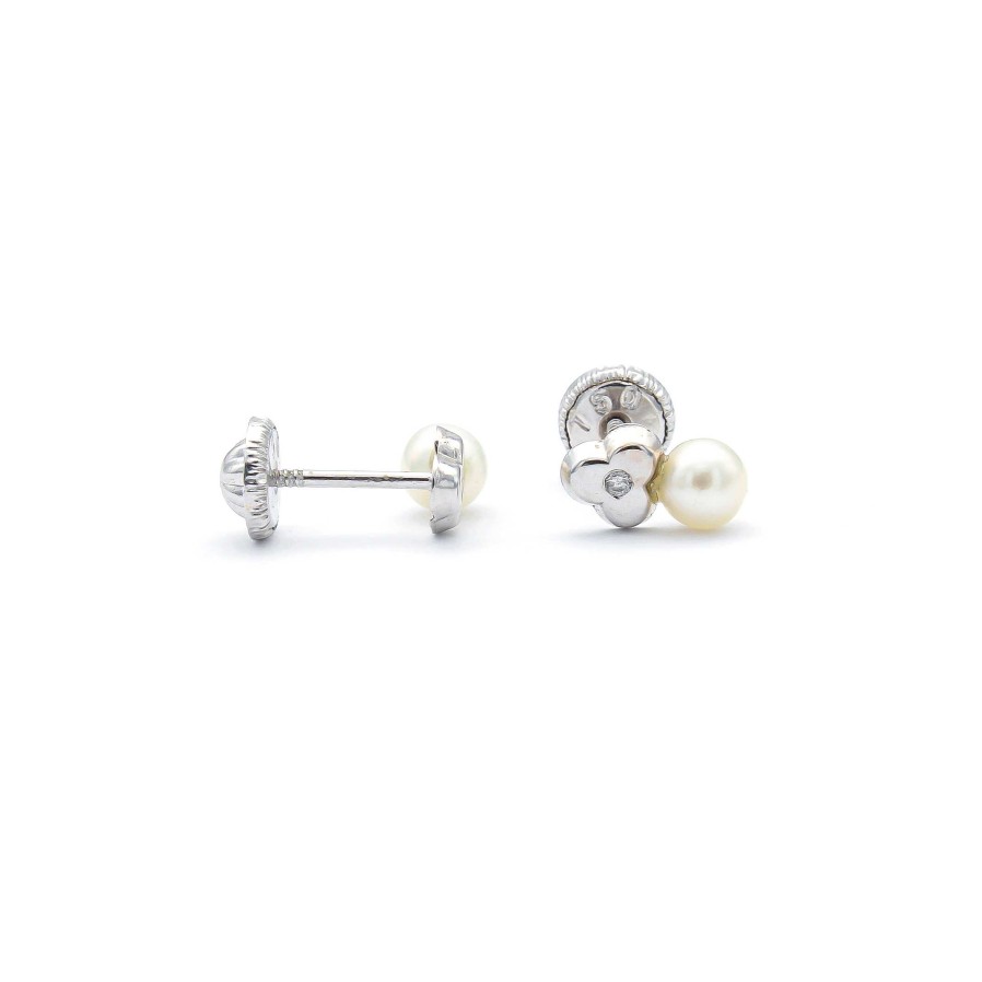 Diamantes Joyeria Luis Luna | Pendientes Tr Bol Perla Diamantes Oro Blanco 18K