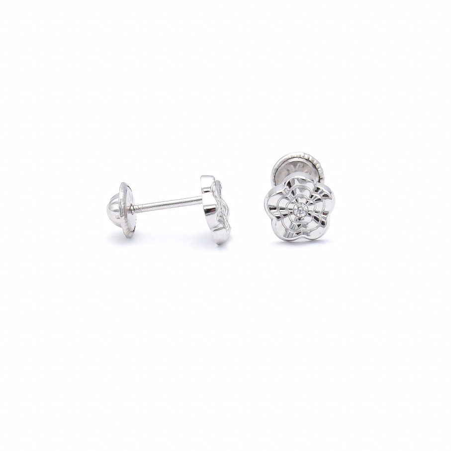 Joyas Oro 18K Joyeria Luis Luna | Pendientes Flor Circonita Oro Blanco 18K